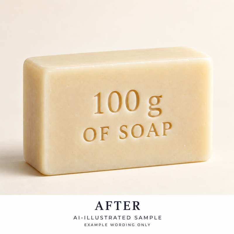 AI-illustrated AFTER application example for Soap Gram Weight Text Stamp. Not an actual product photograph.