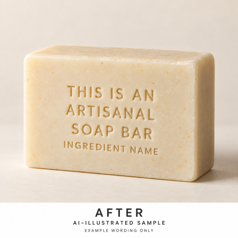 AI-illustrated AFTER application example for Soap Story Ingredient Text Stamp. Not an actual product photograph.