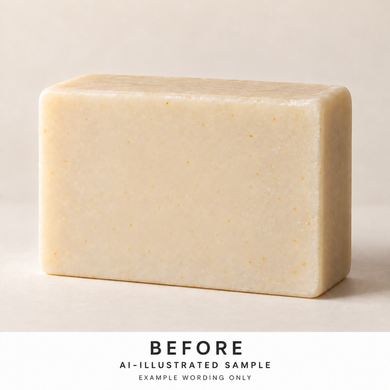 AI-illustrated BEFORE application example for Soap Story Ingredient Text Stamp. Not an actual product photograph.