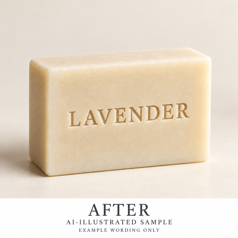 AI-illustrated AFTER application example for Ingredient Identity Soap Stamp. Not an actual product photograph.