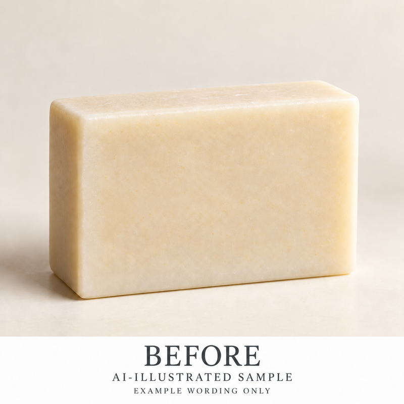 AI-illustrated BEFORE application example for Ingredient Identity Soap Stamp. Not an actual product photograph.