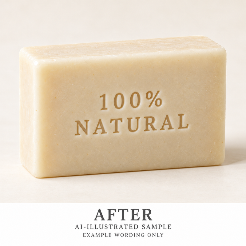 AI-illustrated AFTER application example for Natural Content Soap Text Stamp. Not an actual product photograph.