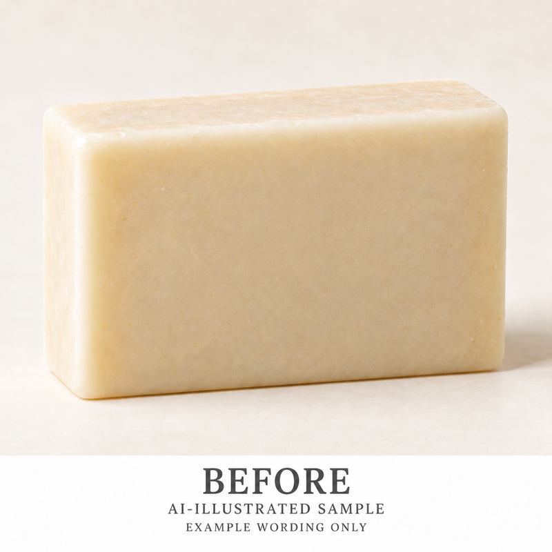 AI-illustrated BEFORE application example for Natural Content Soap Text Stamp. Not an actual product photograph.