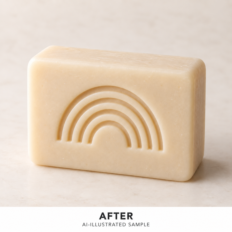AI-illustrated AFTER application example for Rainbow Arc Soap Stamp. Not an actual product photograph.