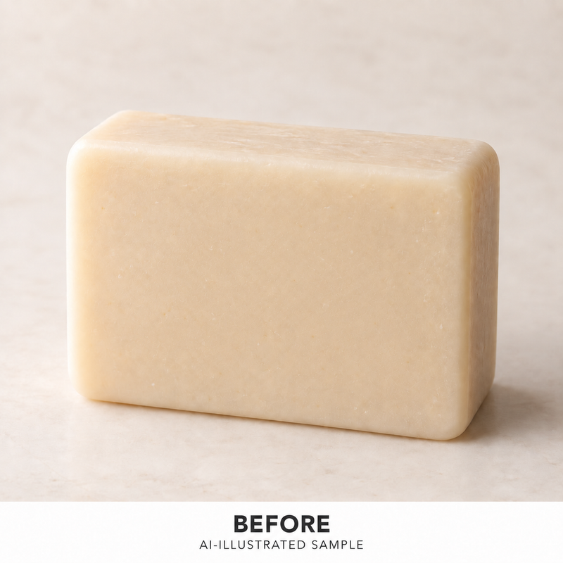 AI-illustrated BEFORE application example for Rainbow Arc Soap Stamp. Not an actual product photograph.