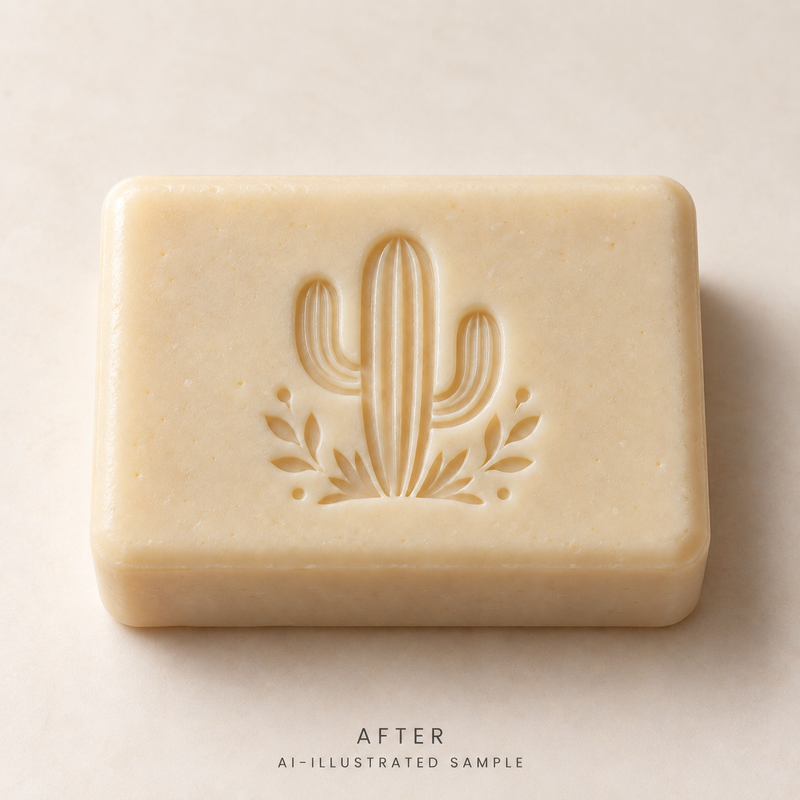 AI-illustrated AFTER application example for Desert Cactus Soap Stamp. Not an actual product photograph.