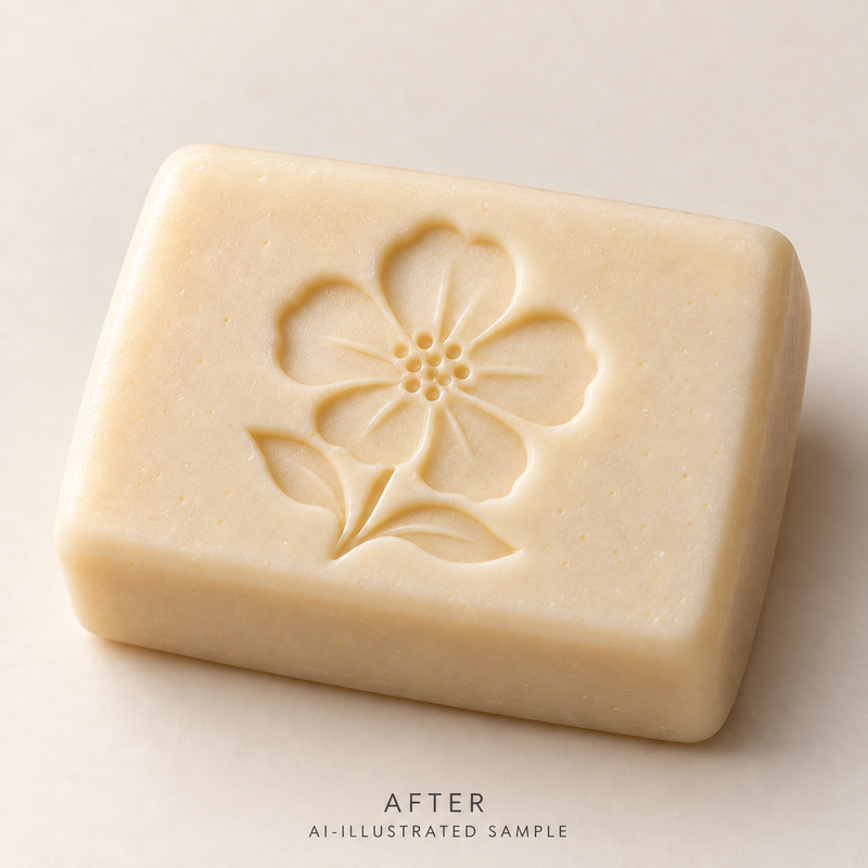 AI-illustrated AFTER application example for Petal Study 01 Soap Stamp. Not an actual product photograph.