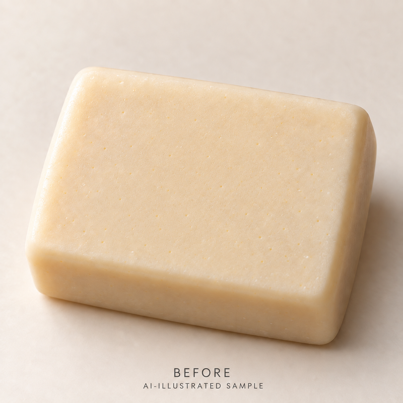 AI-illustrated BEFORE application example for Petal Study 01 Soap Stamp. Not an actual product photograph.