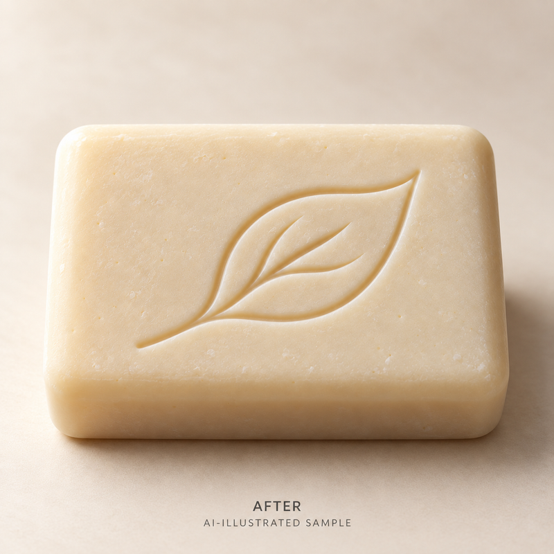 AI-illustrated AFTER application example for Woodland Leaf 02 Soap Stamp. Not an actual product photograph.