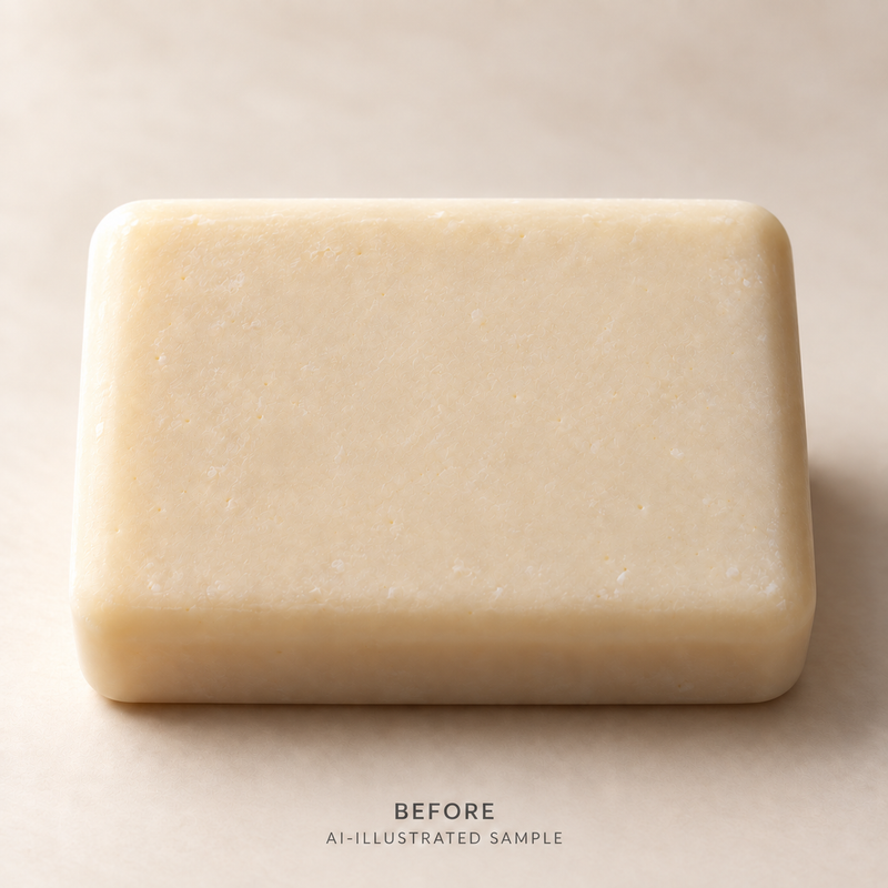 AI-illustrated BEFORE application example for Woodland Leaf 02 Soap Stamp. Not an actual product photograph.