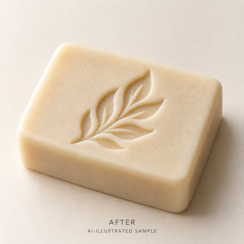 AI-illustrated AFTER application example for Woodland Leaf 03 Soap Stamp. Not an actual product photograph.