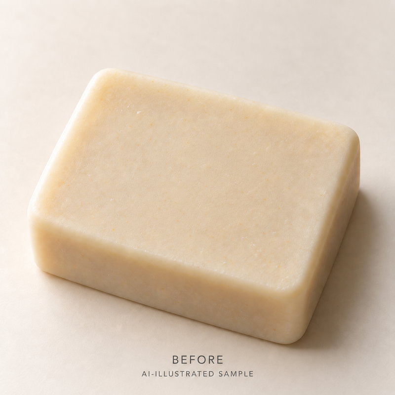 AI-illustrated BEFORE application example for Woodland Leaf 03 Soap Stamp. Not an actual product photograph.