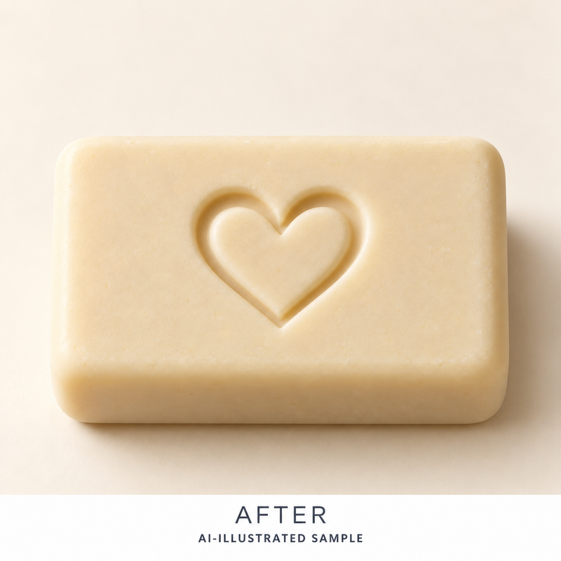 AI-illustrated AFTER application example for Heartfelt Mark Soap Stamp. Not an actual product photograph.