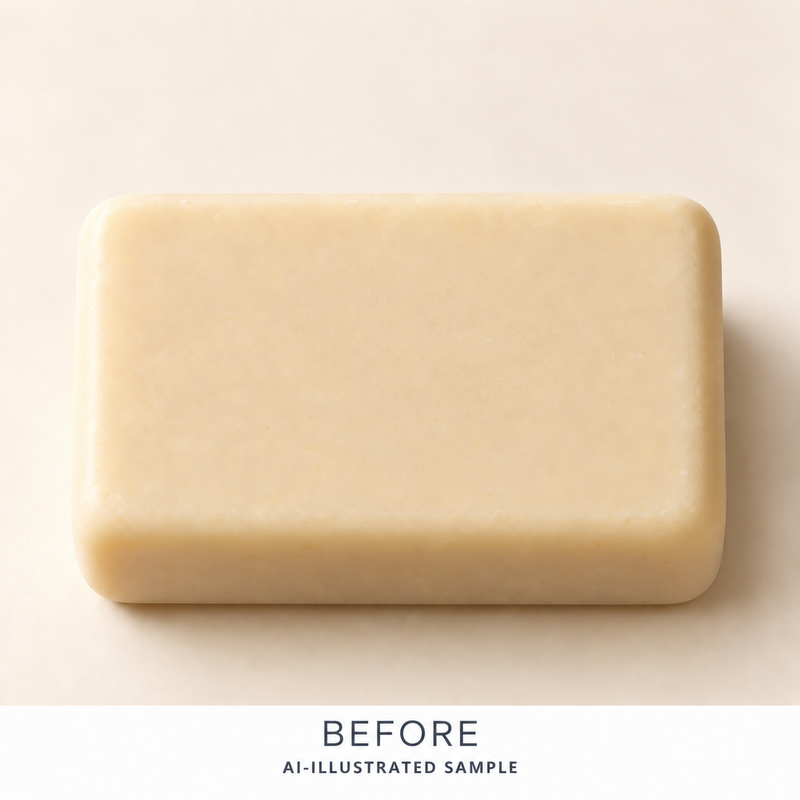 AI-illustrated BEFORE application example for Heartfelt Mark Soap Stamp. Not an actual product photograph.
