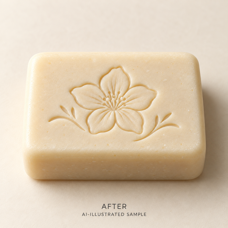AI-illustrated AFTER application example for Petal Study 02 Soap Stamp. Not an actual product photograph.