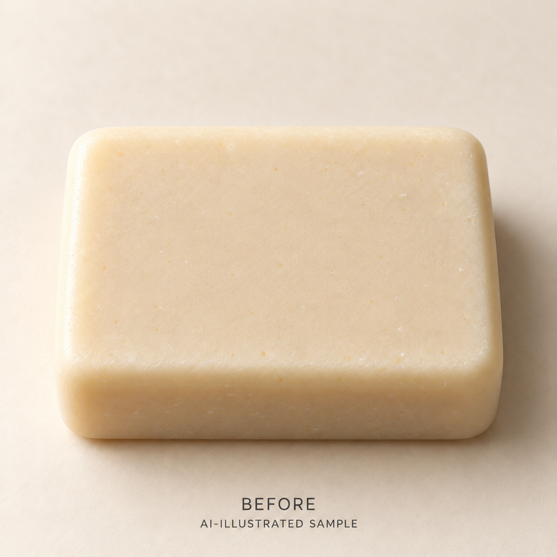 AI-illustrated BEFORE application example for Petal Study 02 Soap Stamp. Not an actual product photograph.