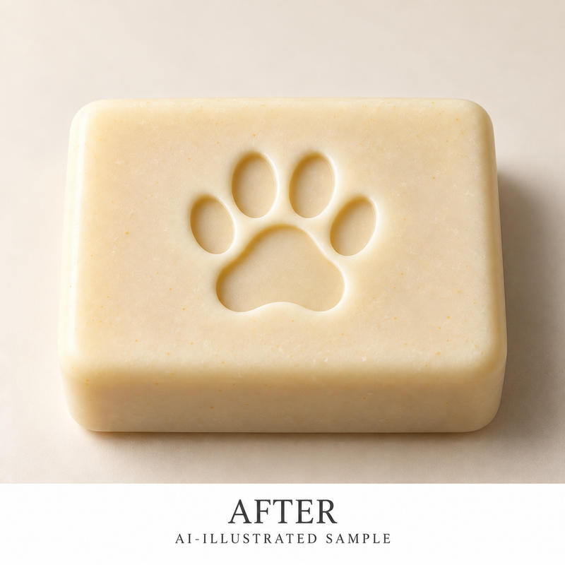 AI-illustrated AFTER application example for Pawprint Trail Soap Stamp. Not an actual product photograph.