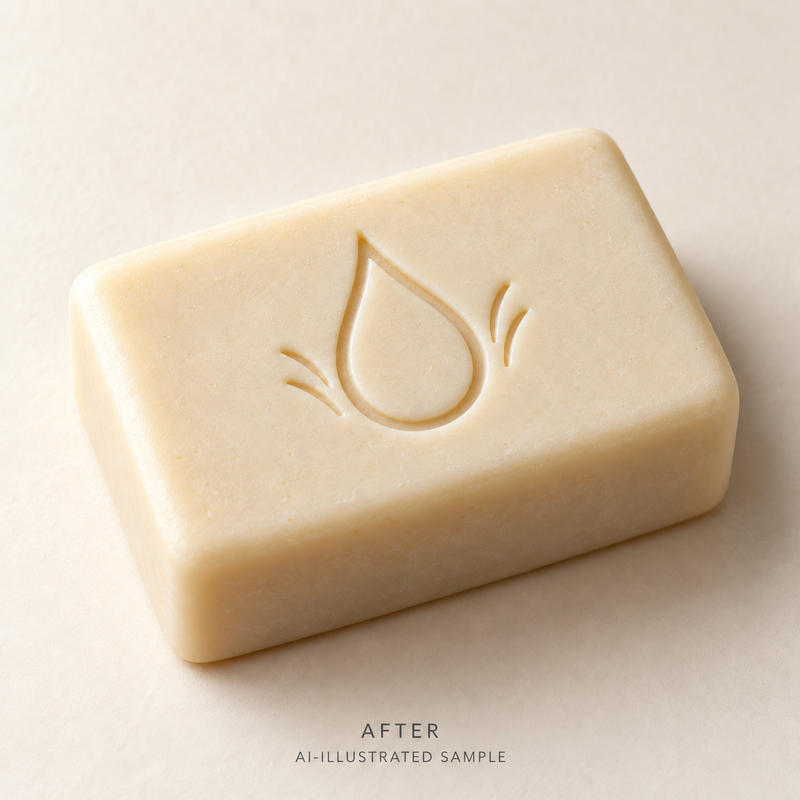 AI-illustrated AFTER application example for Little Droplet Soap Stamp. Not an actual product photograph.