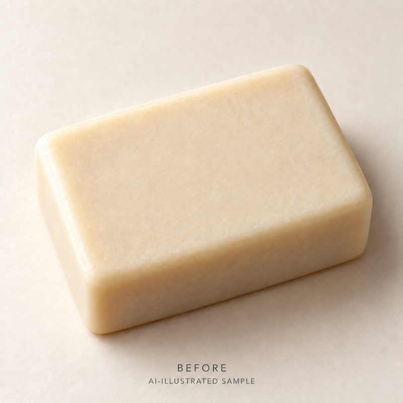 AI-illustrated BEFORE application example for Little Droplet Soap Stamp. Not an actual product photograph.