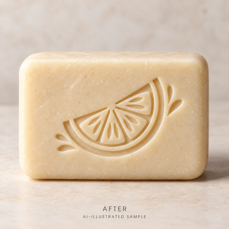 AI-illustrated AFTER application example for Citrus Slice Soap Stamp. Not an actual product photograph.