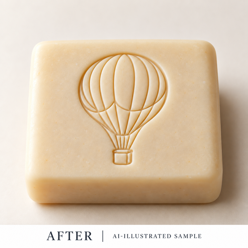 AI-illustrated AFTER application example for Balloon Journey 01 Soap Stamp. Not an actual product photograph.