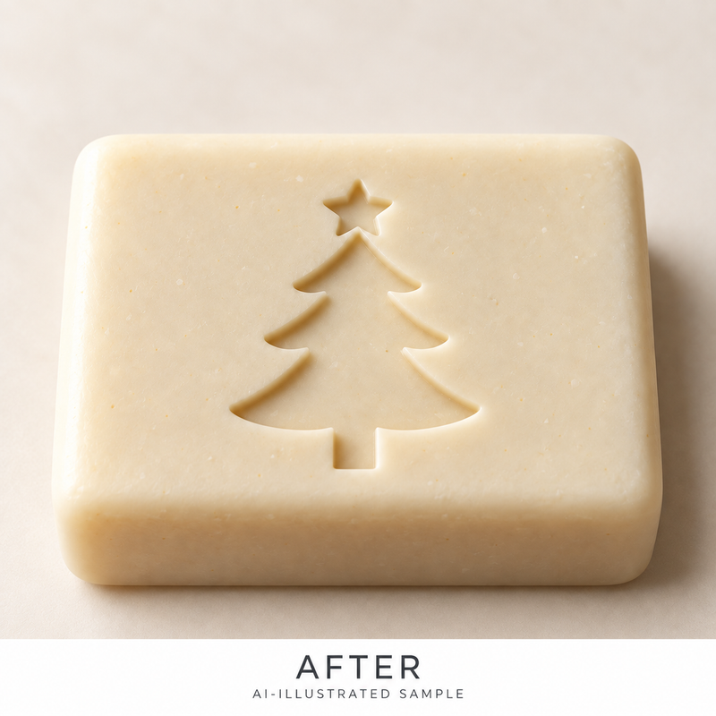 AI-illustrated AFTER application example for Festive Fir 01 Soap Stamp. Not an actual product photograph.