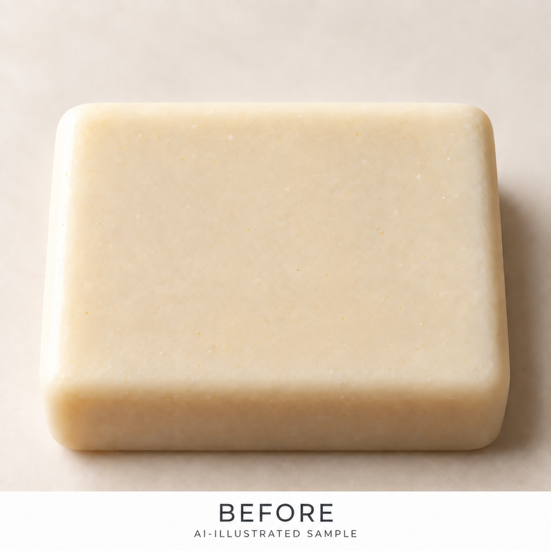 AI-illustrated BEFORE application example for Festive Fir 01 Soap Stamp. Not an actual product photograph.