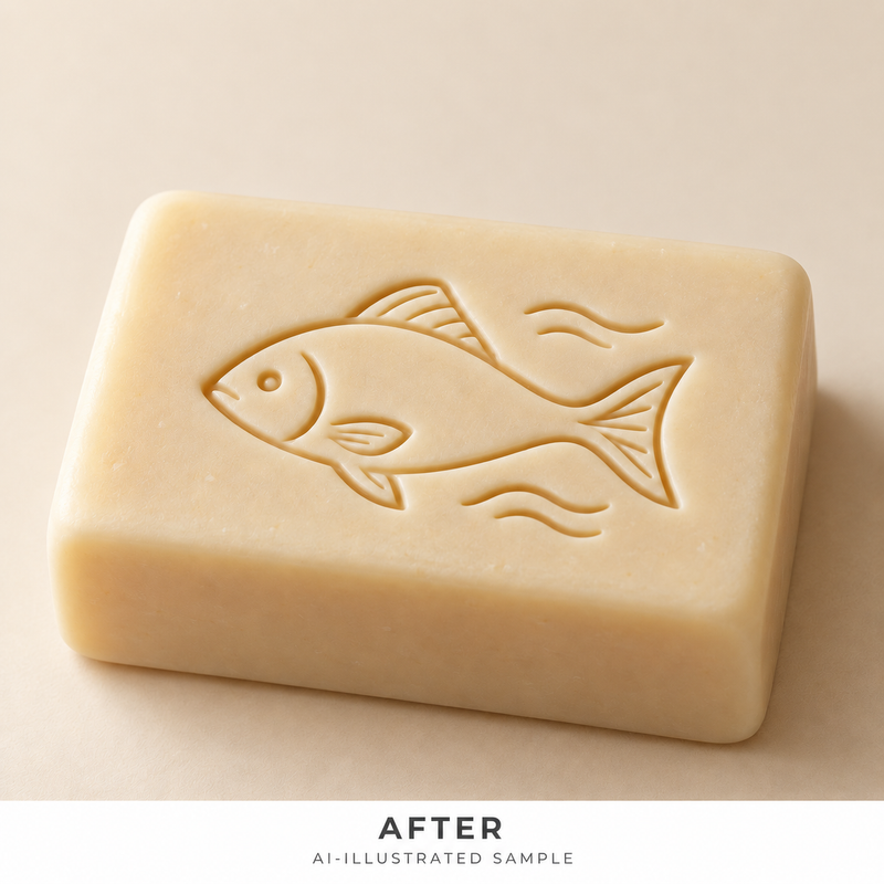 AI-illustrated AFTER application example for Ocean Fish 01 Soap Stamp. Not an actual product photograph.
