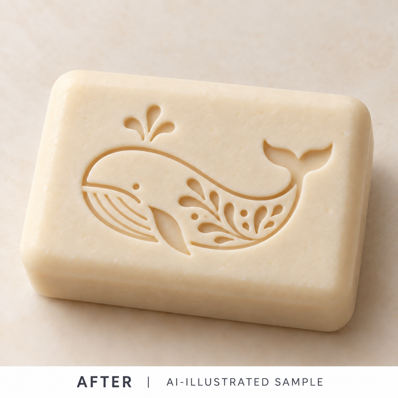 AI-illustrated AFTER application example for Ocean Whale 01 Soap Stamp. Not an actual product photograph.