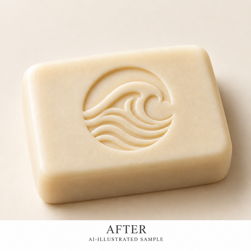AI-illustrated AFTER application example for Rolling Tides Soap Stamp. Not an actual product photograph.