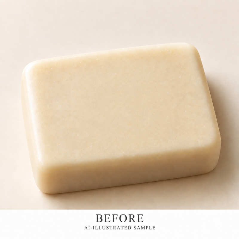 AI-illustrated BEFORE application example for Rolling Tides Soap Stamp. Not an actual product photograph.