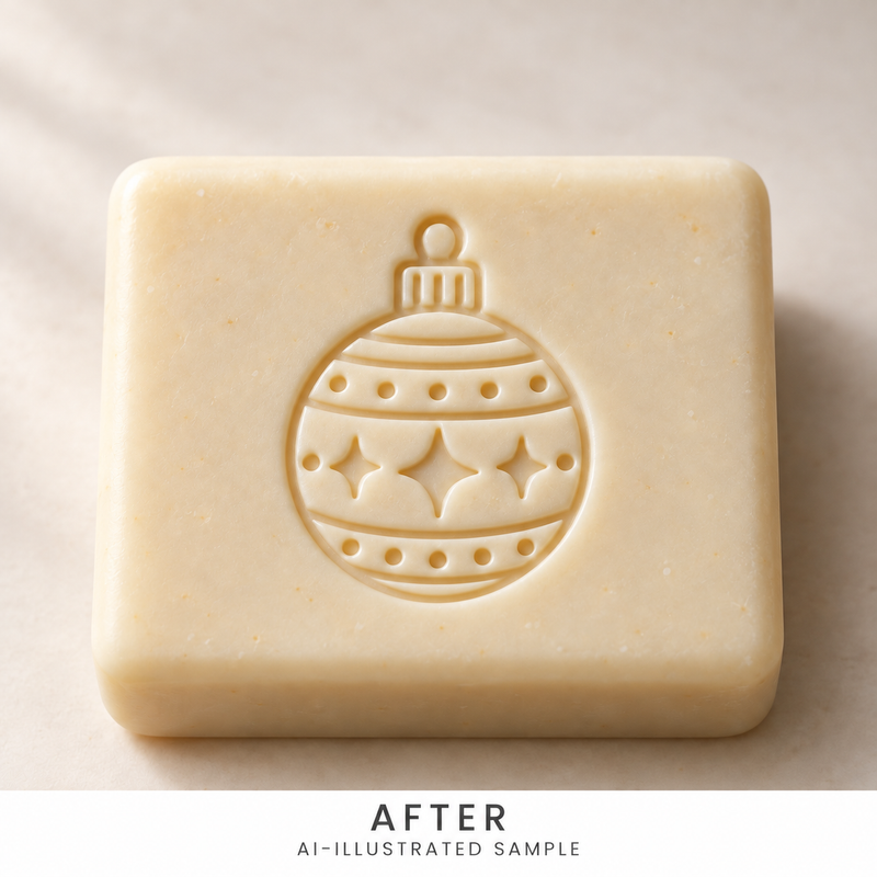 AI-illustrated AFTER application example for Festive Ornament Soap Stamp. Not an actual product photograph.