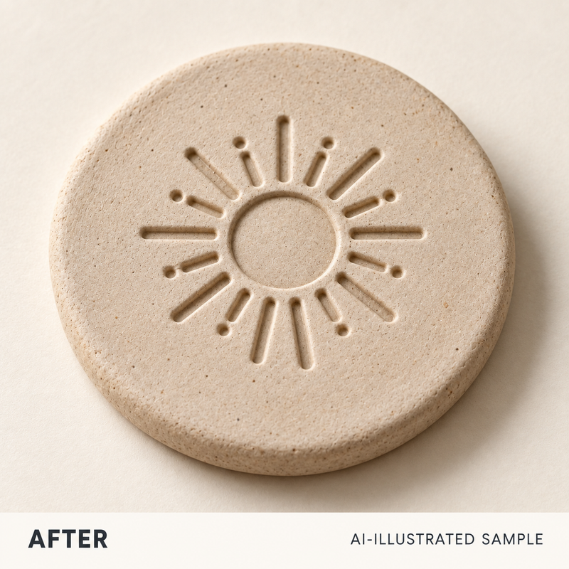 AI-illustrated AFTER application example for Studio Signature Clay Impression Stamp. Not an actual product photograph.