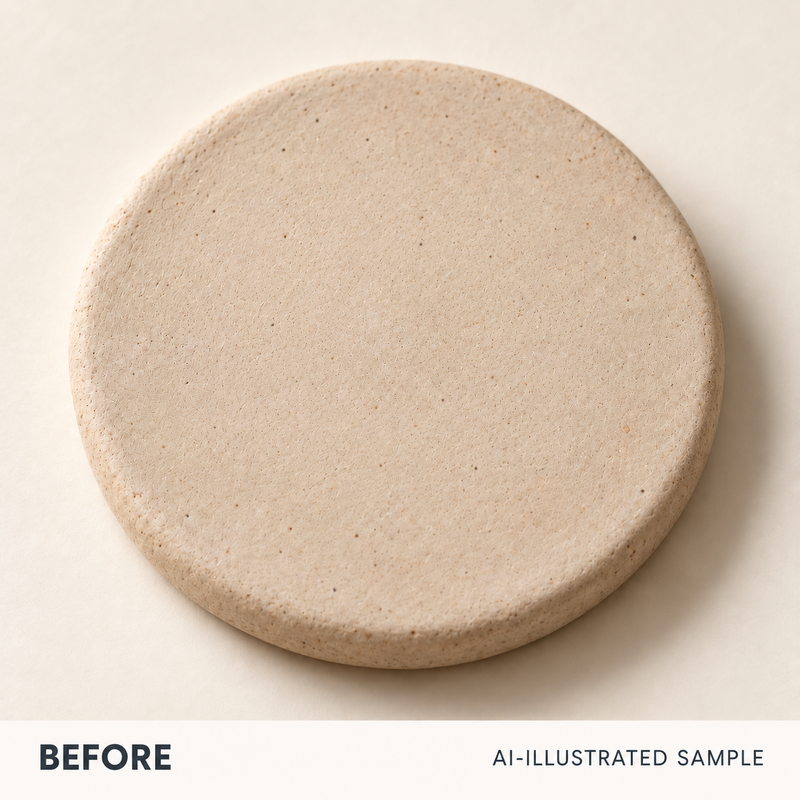 AI-illustrated BEFORE application example for Studio Signature Clay Impression Stamp. Not an actual product photograph.