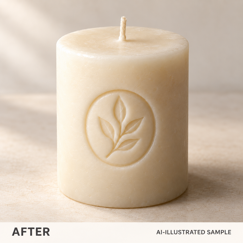 AI-illustrated AFTER application example for Candle Signature Impression Stamp. Not an actual product photograph.