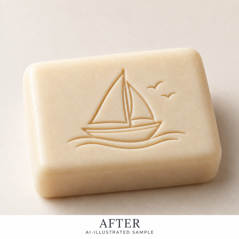AI-illustrated AFTER application example for Coastal Boat 01 Soap Stamp. Not an actual product photograph.