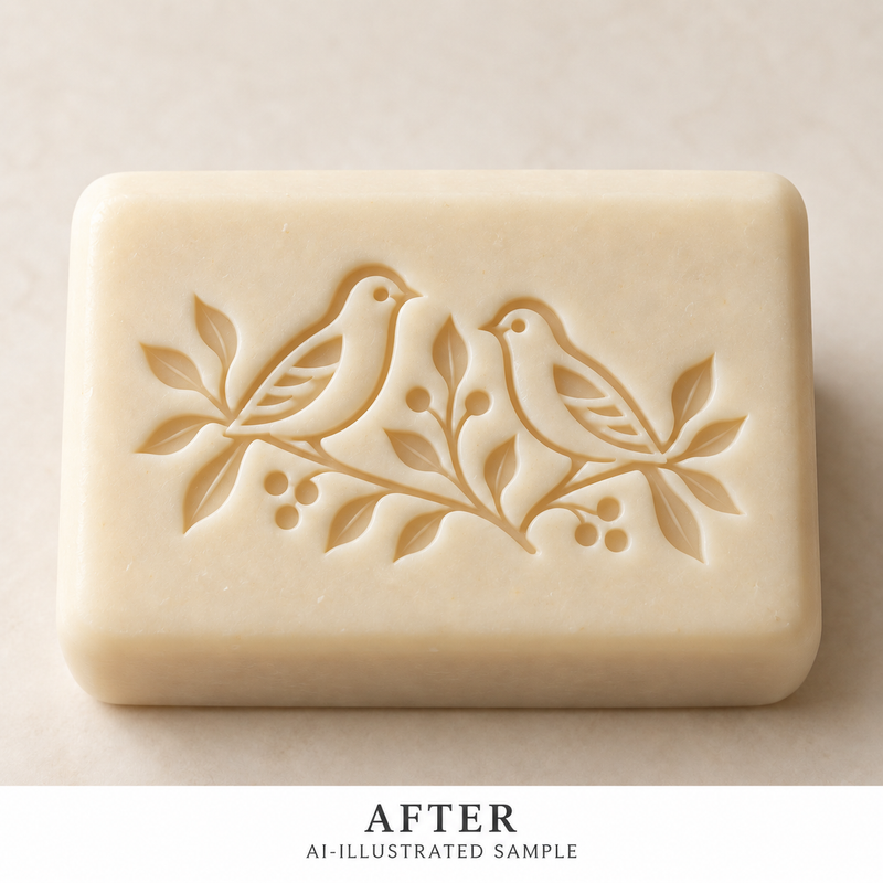 AI-illustrated AFTER application example for Bird Gathering Soap Stamp. Not an actual product photograph.