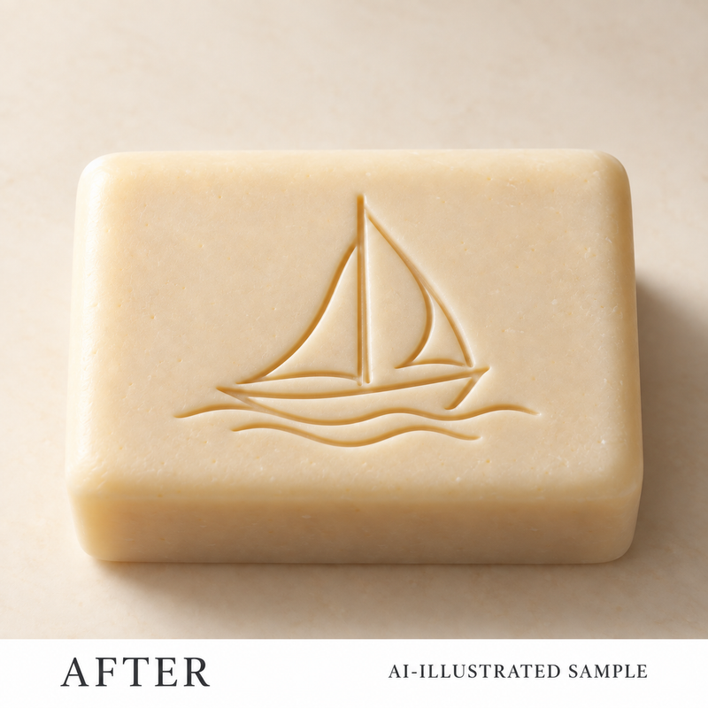 AI-illustrated AFTER application example for Coastal Boat 02 Soap Stamp. Not an actual product photograph.