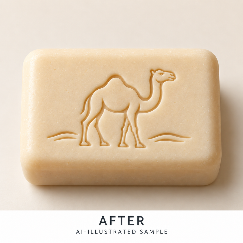 AI-illustrated AFTER application example for Desert Traveller Soap Stamp. Not an actual product photograph.