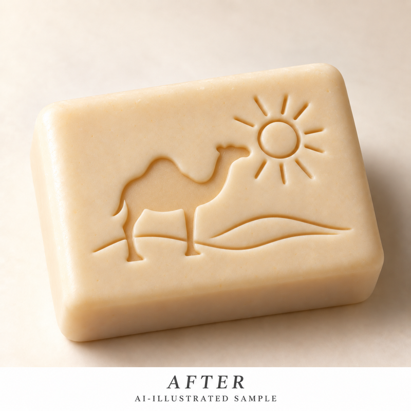 AI-illustrated AFTER application example for Sunlit Camel Soap Stamp. Not an actual product photograph.
