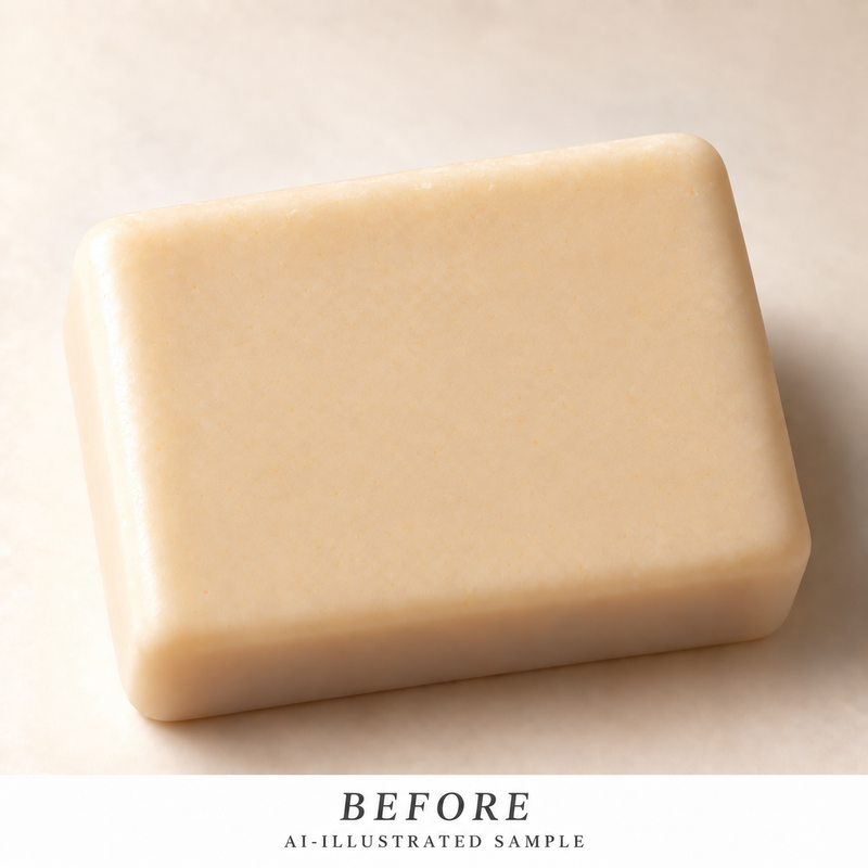 AI-illustrated BEFORE application example for Sunlit Camel Soap Stamp. Not an actual product photograph.
