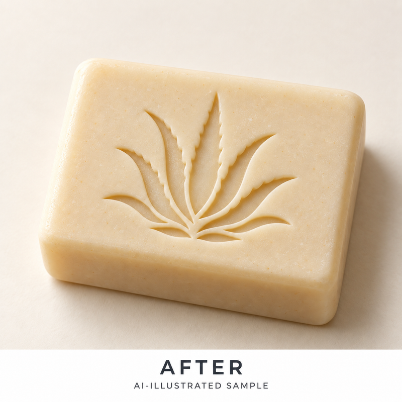 AI-illustrated AFTER application example for Aloe Garden Soap Stamp. Not an actual product photograph.