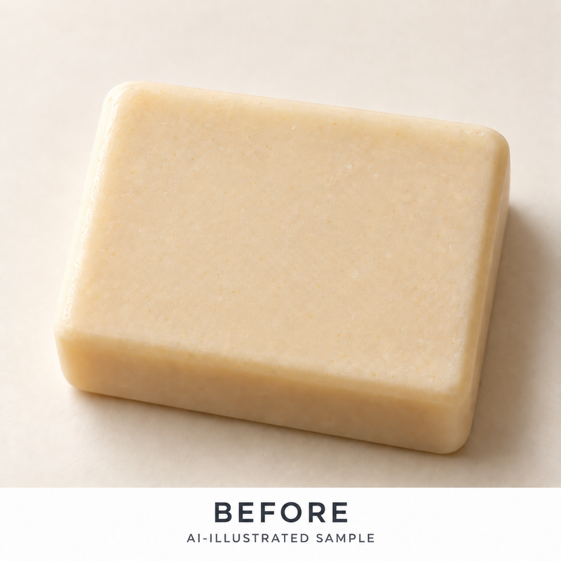 AI-illustrated BEFORE application example for Aloe Garden Soap Stamp. Not an actual product photograph.