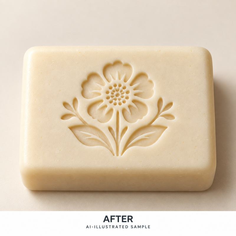 AI-illustrated AFTER application example for Petal Study 04 Soap Stamp. Not an actual product photograph.