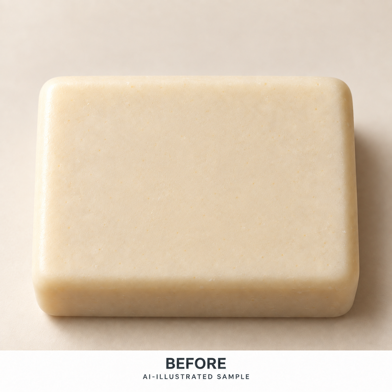 AI-illustrated BEFORE application example for Petal Study 04 Soap Stamp. Not an actual product photograph.
