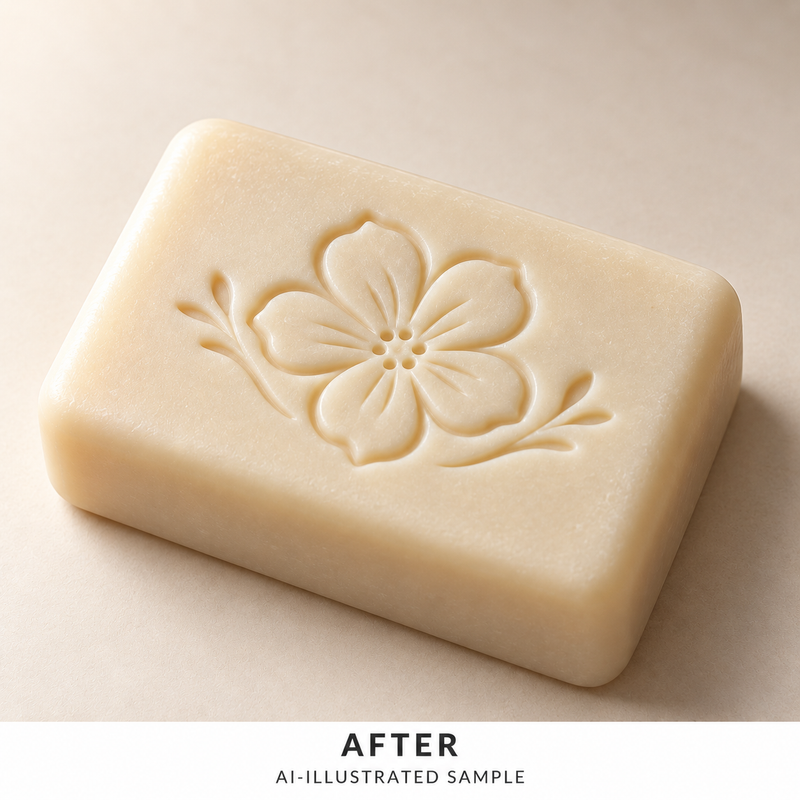 AI-illustrated AFTER application example for Petal Study 03 Soap Stamp. Not an actual product photograph.