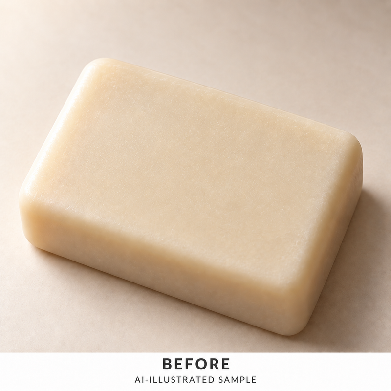 AI-illustrated BEFORE application example for Petal Study 03 Soap Stamp. Not an actual product photograph.