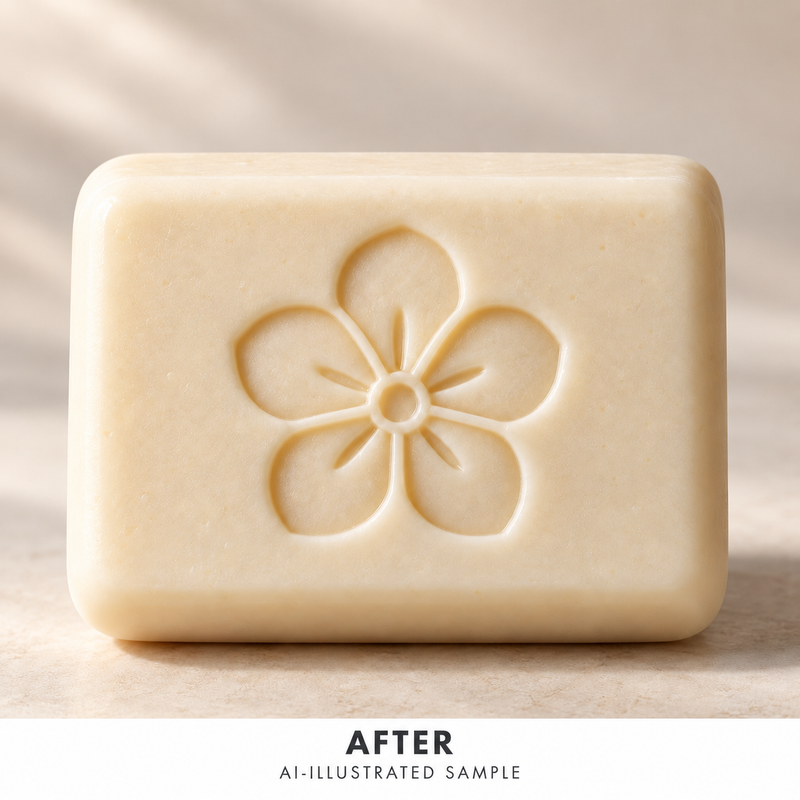AI-illustrated AFTER application example for Petal Study 05 Soap Stamp. Not an actual product photograph.