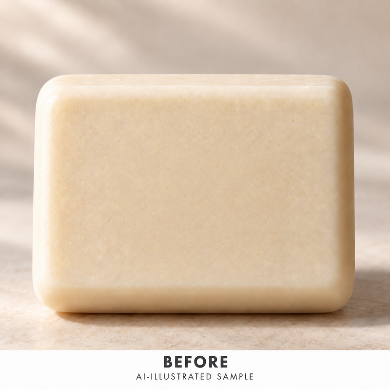 AI-illustrated BEFORE application example for Petal Study 05 Soap Stamp. Not an actual product photograph.
