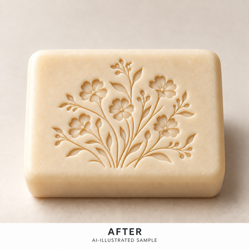 AI-illustrated AFTER application example for Garden Blossom Cluster Soap Stamp. Not an actual product photograph.